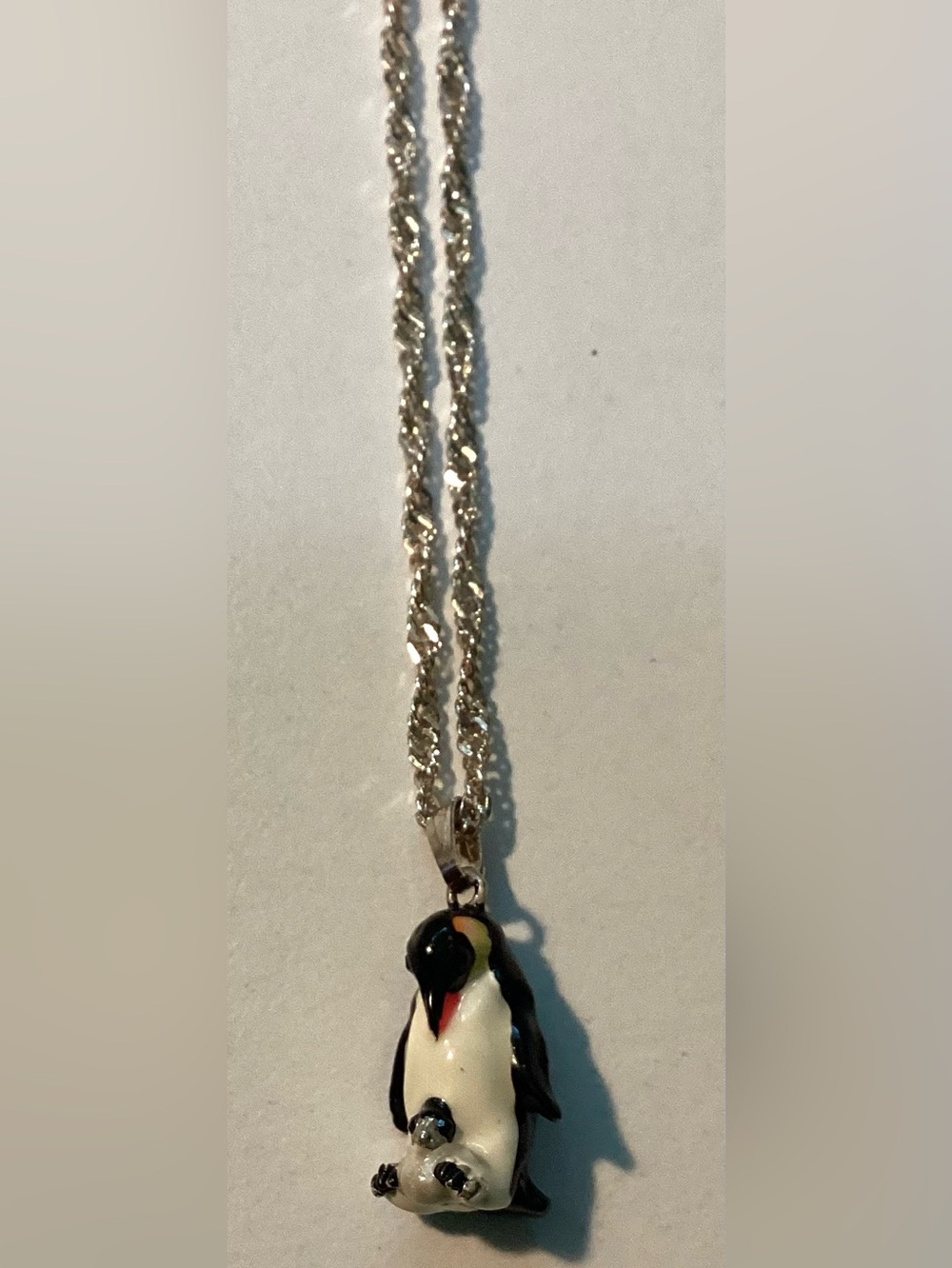 Silver necklace bejeweled enamel 3D Penguin mom and baby pendant